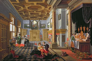 Elegante Figuren beim Essen in einem höfischen Innenraum